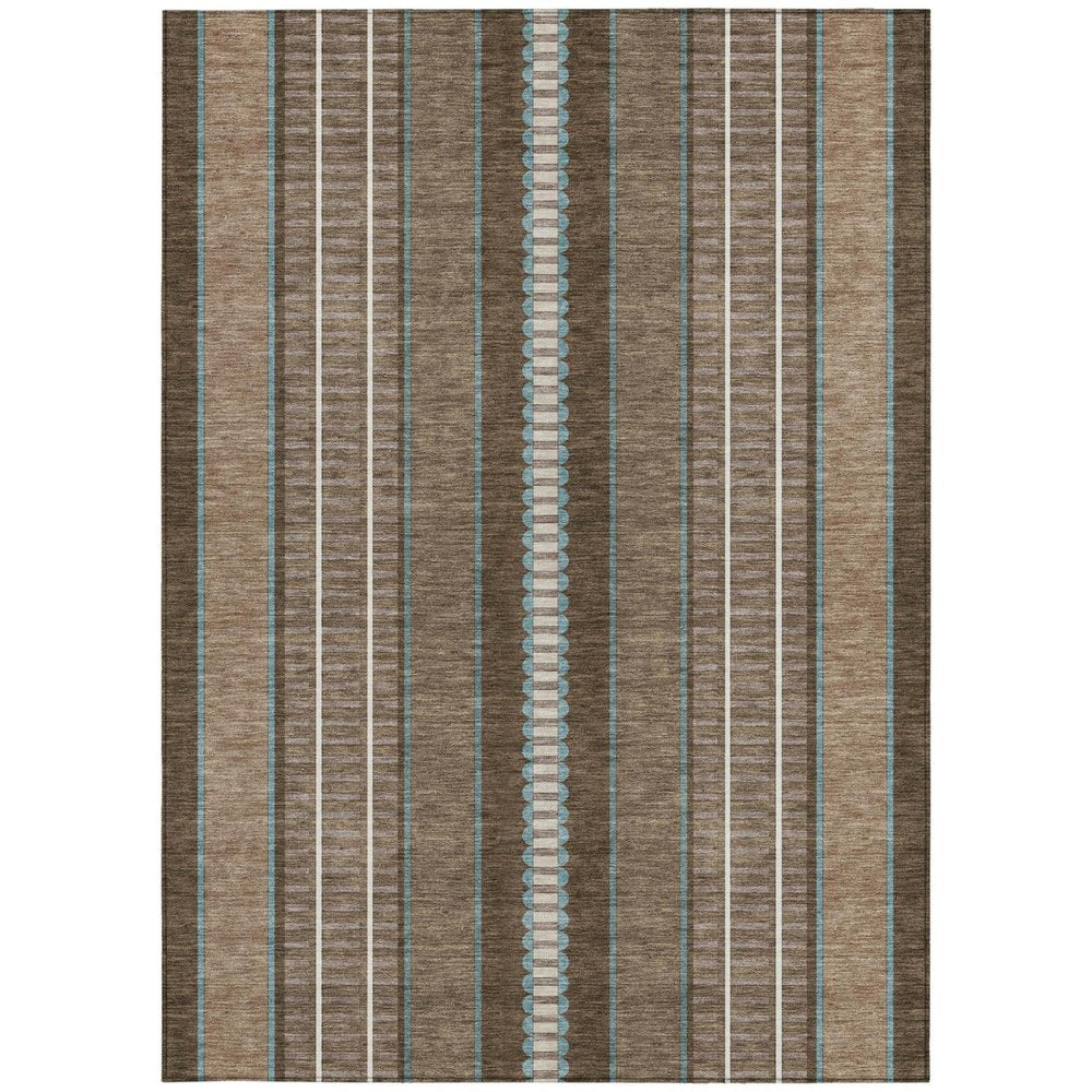 10' X 14' Chocolate And Blue Striped Washable Indoor Outdoor Area Rug