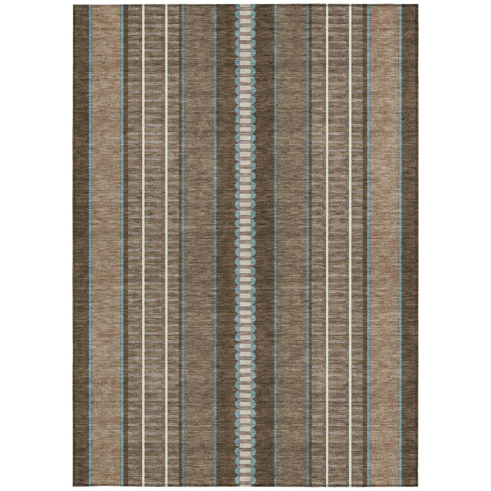 10' X 14' Chocolate And Blue Striped Washable Indoor Outdoor Area Rug HomeRoots