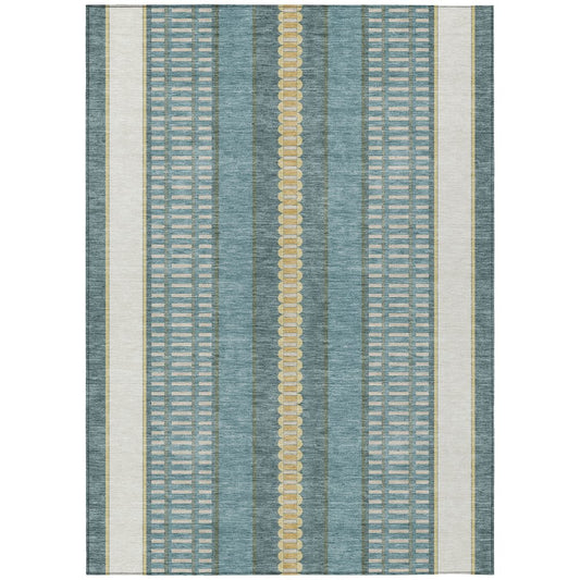 8' X 10' Teal Blue And Gold Striped Washable Indoor Outdoor Area Rug
