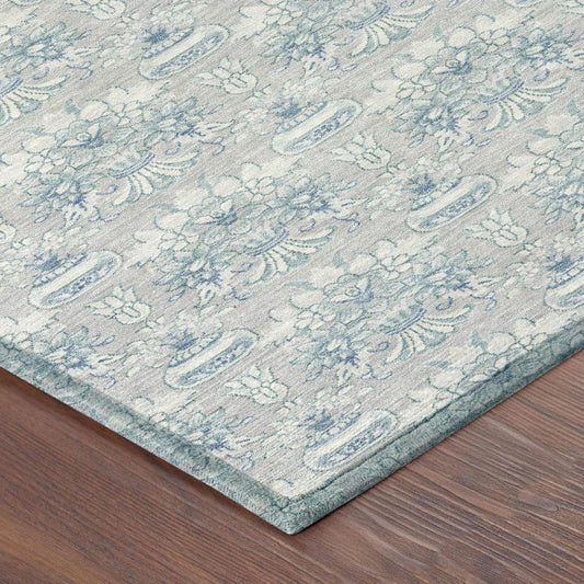 8' Silver And Gray Round Floral Washable Indoor Outdoor Area Rug