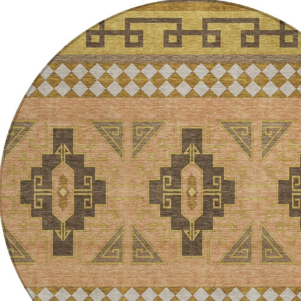 8' Chocolate And Olive Green Round Tribal Washable Indoor Outdoor Area Rug HomeRoots