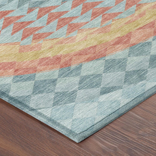 9' X 12' Teal Blue And Granite Gray Geometric Washable Indoor Outdoor Area Rug