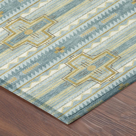 10' X 14' Teal Blue And Gold Tribal Washable Indoor Outdoor Area Rug