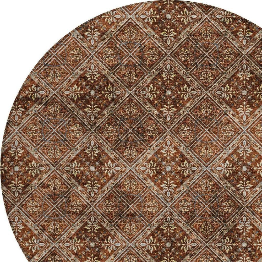 8' Red And Rust Round Geometric Washable Indoor Outdoor Area Rug HomeRoots