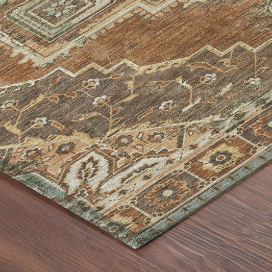 8' X 10' Orange And Aqua Oriental Washable Indoor Outdoor Area Rug