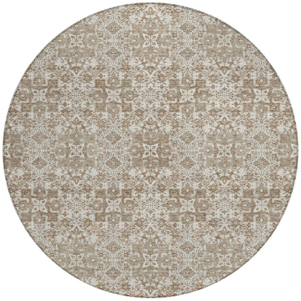 8' Beige And Khaki Round Oriental Washable Indoor Outdoor Area Rug HomeRoots