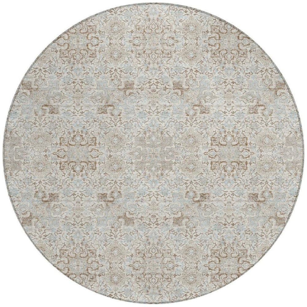 8' Ivory And Gray Round Oriental Washable Indoor Outdoor Area Rug