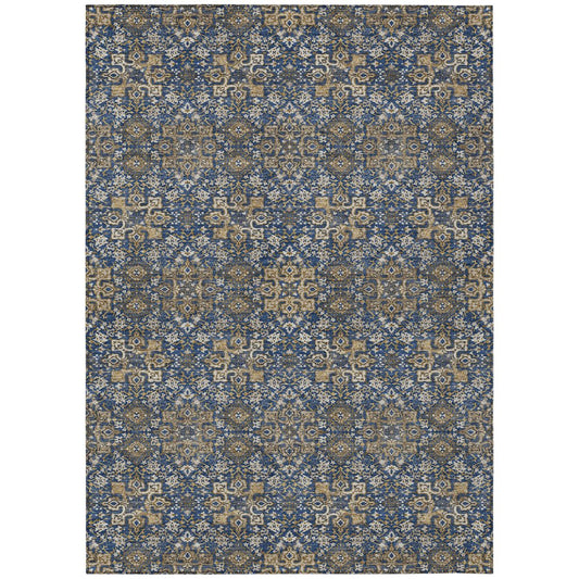 3' X 5' Navy Blue And Silver Oriental Washable Indoor Outdoor Area Rug