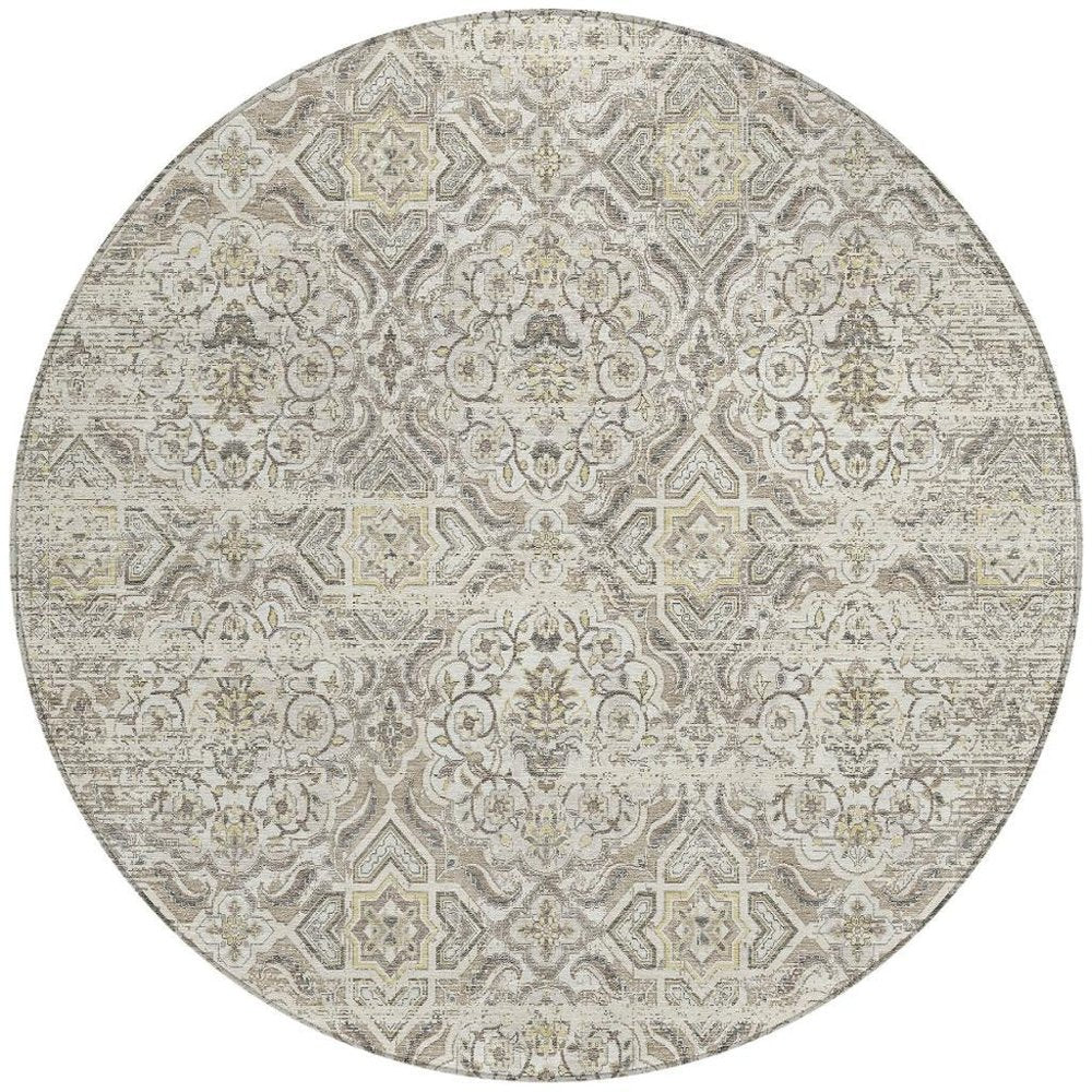 8' Ivory And Linen Round Floral Washable Indoor Outdoor Area Rug HomeRoots
