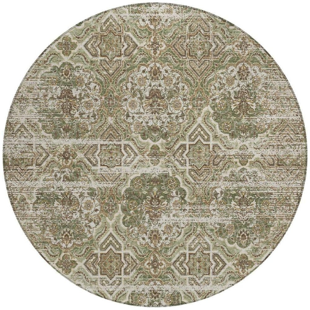 8' Olive Green And Green Round Floral Washable Indoor Outdoor Area Rug HomeRoots
