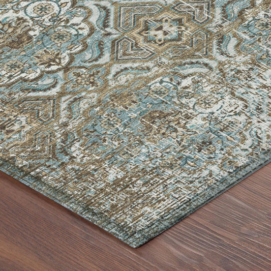 5' X 8' Teal Blue And Blue Floral Washable Indoor Outdoor Area Rug