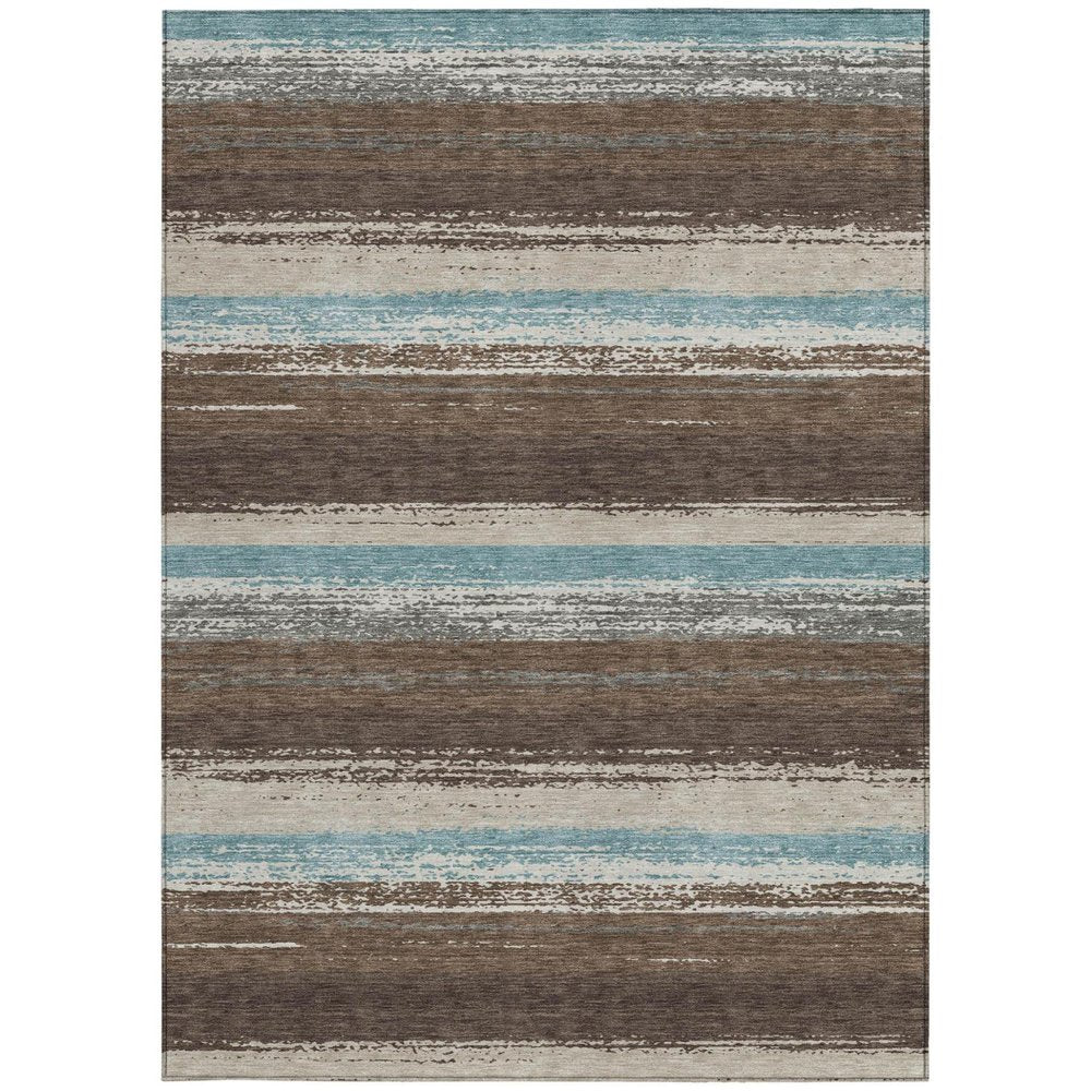 5' X 8' Brown And Beige Striped Washable Indoor Outdoor Area Rug