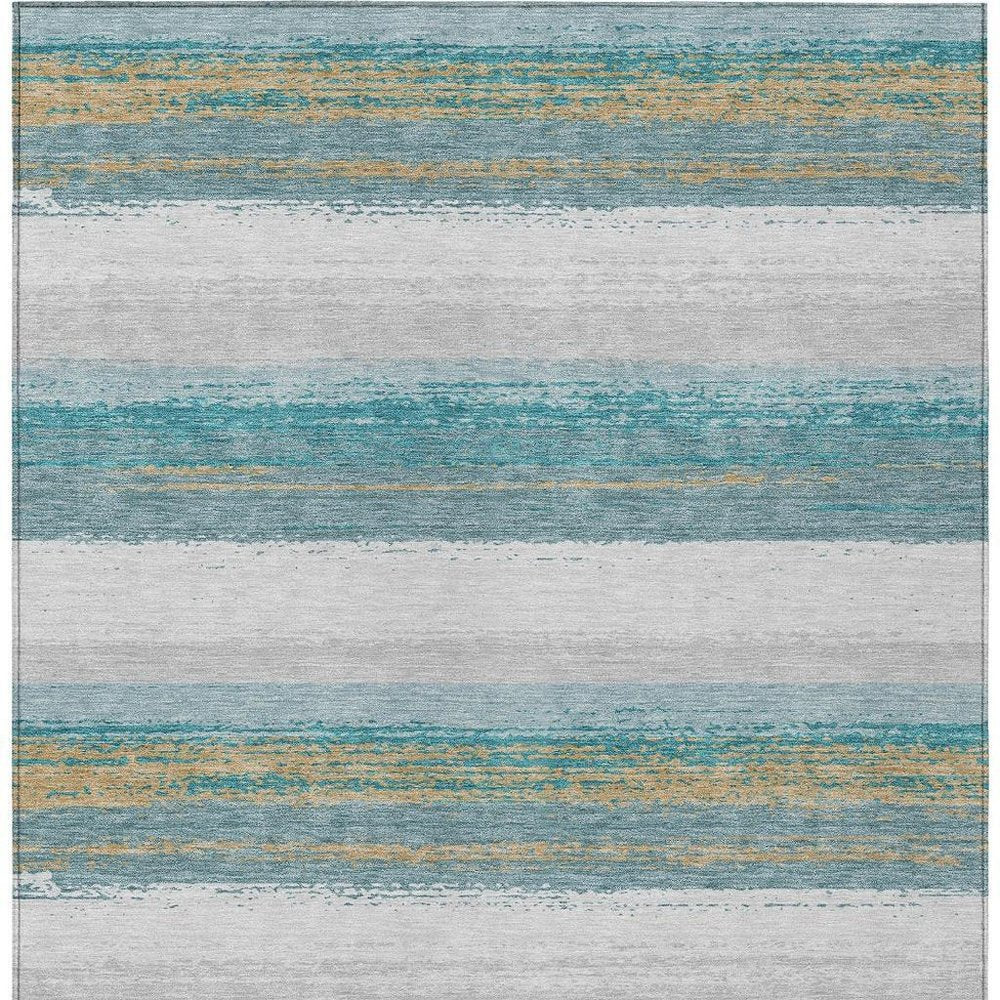 5' X 8' Teal Blue And Gray Striped Washable Indoor Outdoor Area Rug HomeRoots