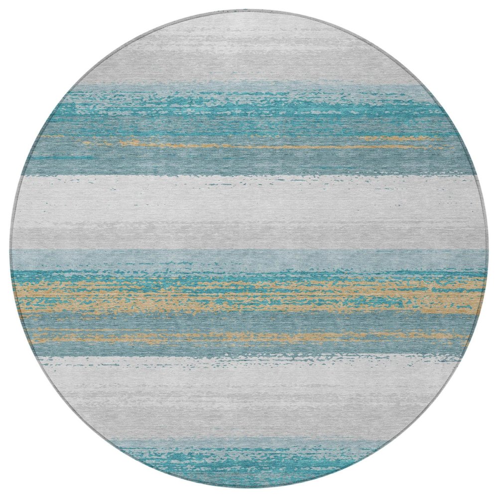 8' Teal Blue And Gray Round Striped Washable Indoor Outdoor Area Rug HomeRoots