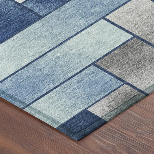 3' X 5' Navy Blue And Blue Geometric Washable Indoor Outdoor Area Rug
