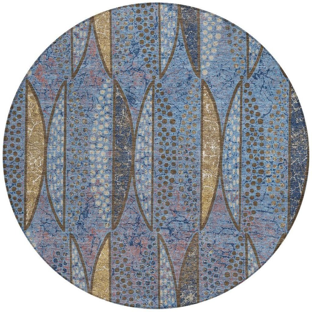 8' Blue And Brown Round Geometric Washable Indoor Outdoor Area Rug HomeRoots