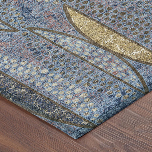 8' Blue And Brown Round Geometric Washable Indoor Outdoor Area Rug