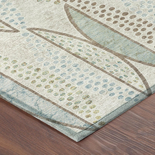 8' Ivory And Brown Round Geometric Washable Indoor Outdoor Area Rug