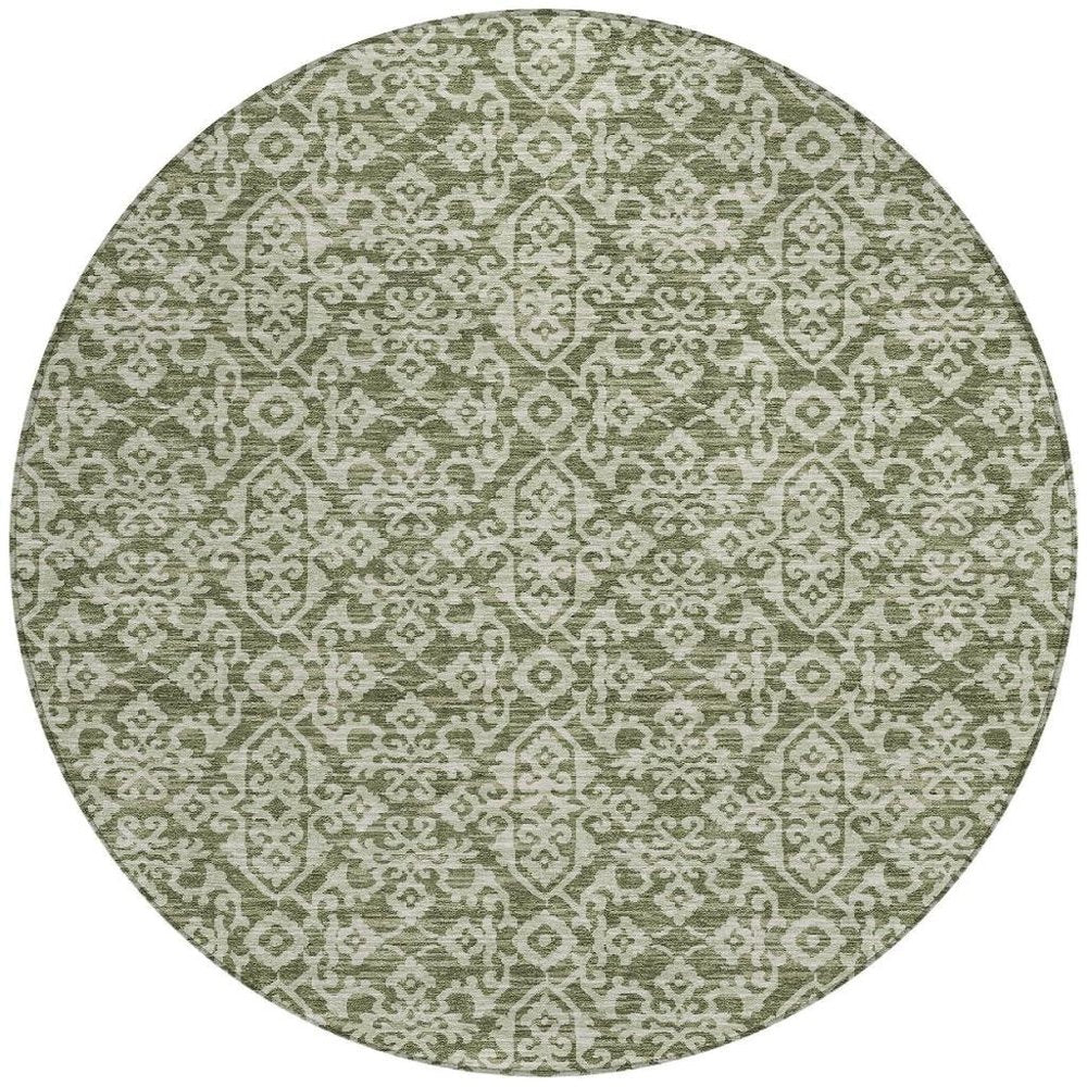 8' Olive Green And Brown Round Oriental Washable Indoor Outdoor Area Rug HomeRoots