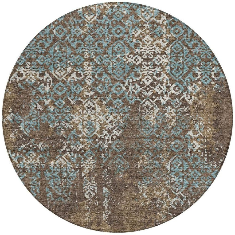 8' Brown And Khaki Round Oriental Washable Indoor Outdoor Area Rug HomeRoots
