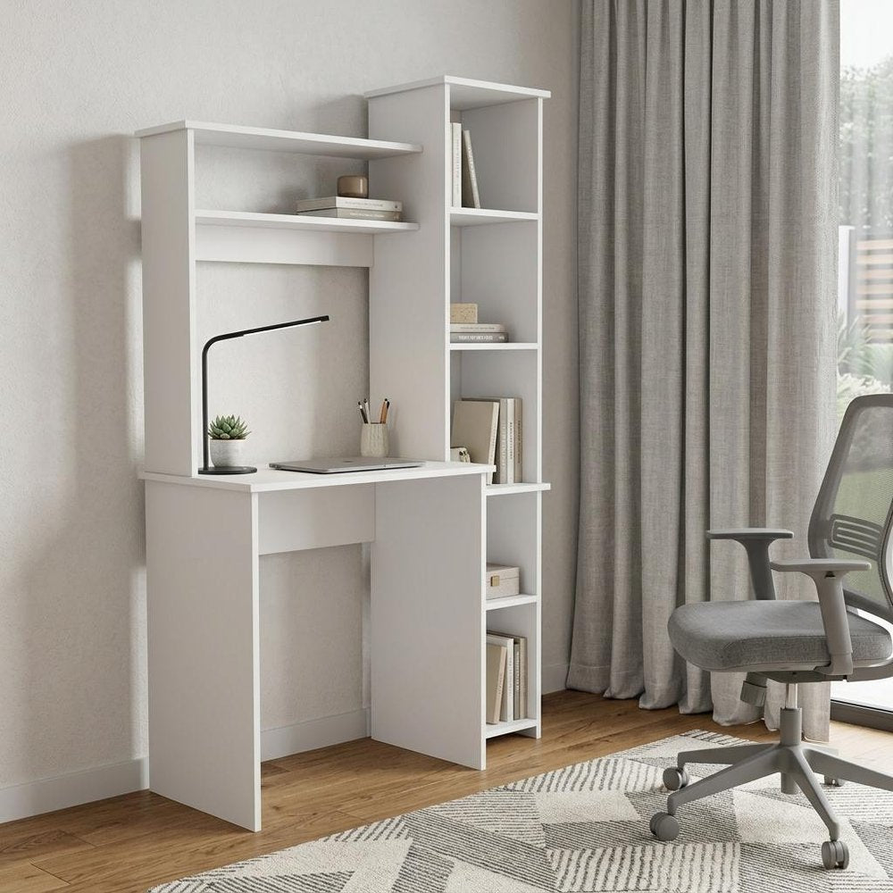39" White Wood Pedestal Computer Desk With Hutch HomeRoots