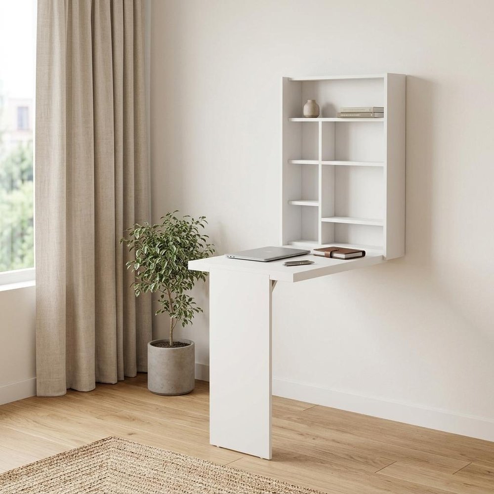36" White Wood Folding Wall Mounted Pedestal Computer Desk HomeRoots