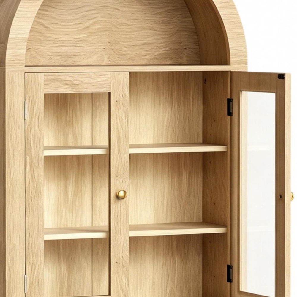 32" Natural Wood Wall Mounted Glass Panel Inlay Four Door Bathroom Cabinet