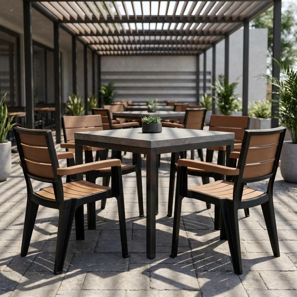Set of Four Brown And Black Faux Wood Heavy Duty Plastic Outdoor Stacking Arm Chairs HomeRoots