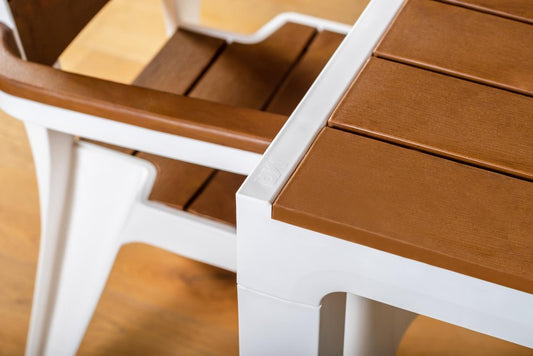 Set of Four Brown Faux Wood Heavy Duty Plastic Outdoor Stacking Arm Chairs