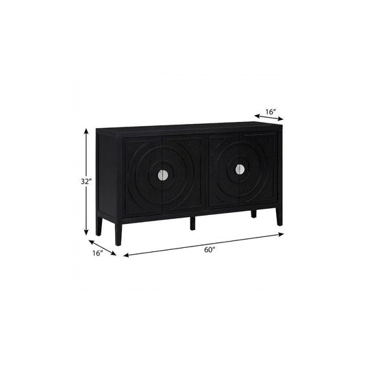 60" Black Wood Carved Geometric Circles Sideboard With Four Doors