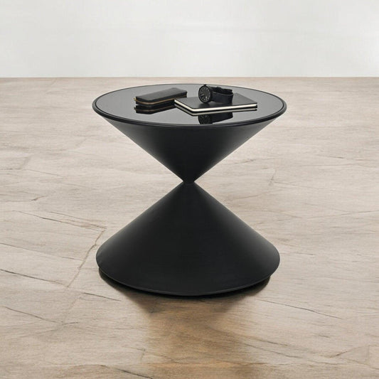 17" Black Glass and Steel Round Hourglass End Table