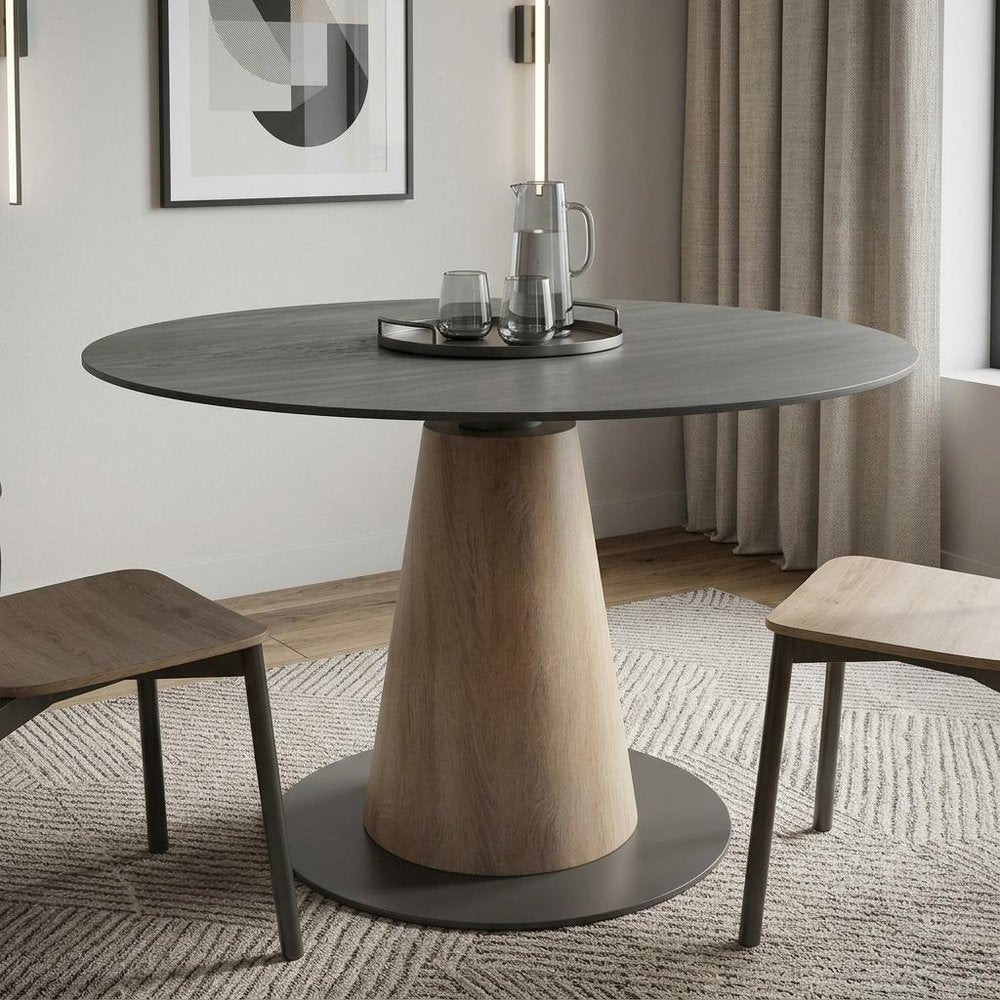 48" Black Sintered Stone Wood And Steel Pedestal Base Round Top Dining Table