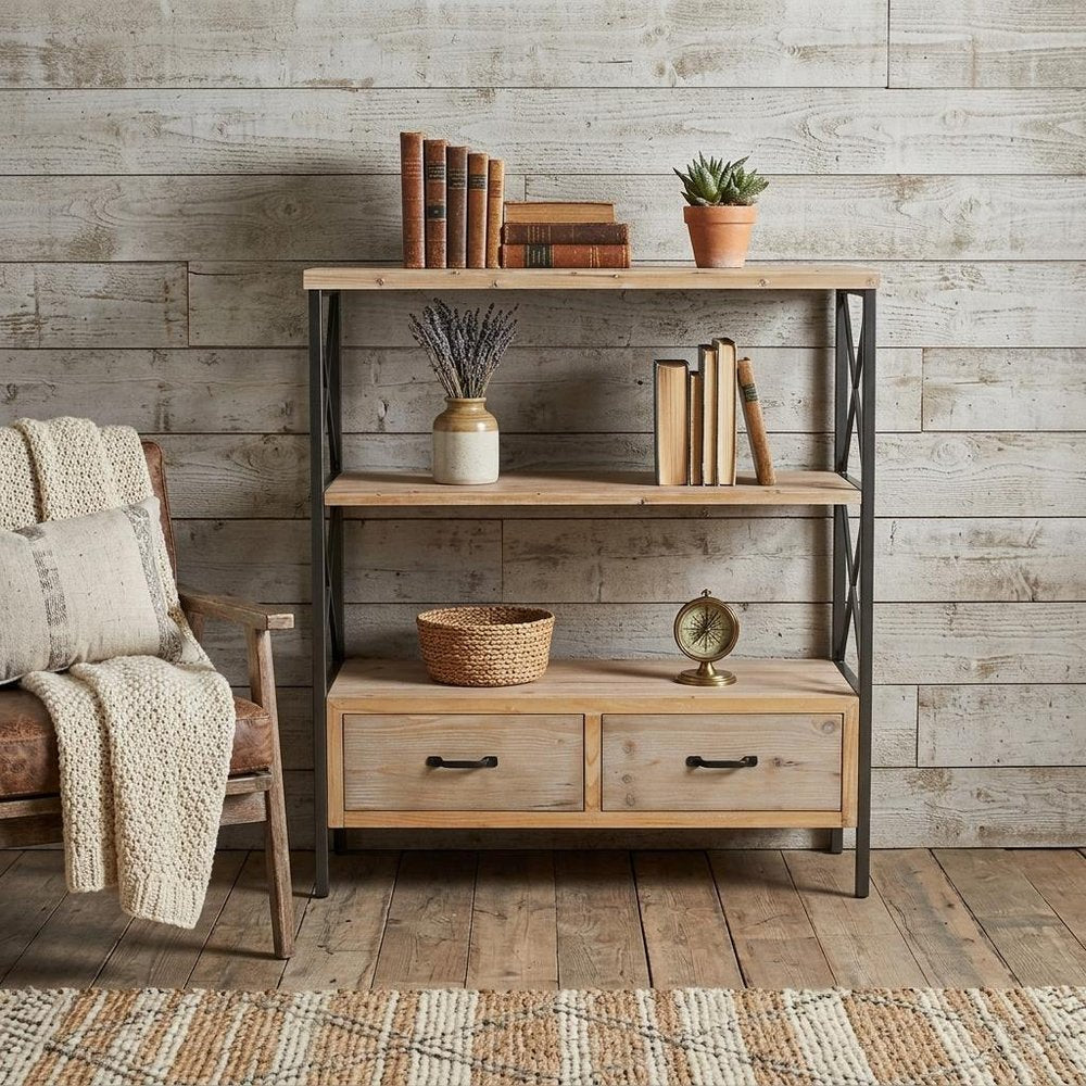 37" Brown Distressed Metal And Wood Three Tier Etagere Bookcase with Two Drawers HomeRoots