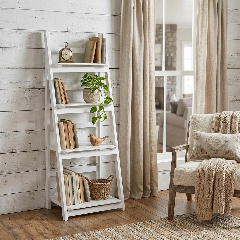 44" White Distressed Wood Four Tier Ladder Bookcase HomeRoots