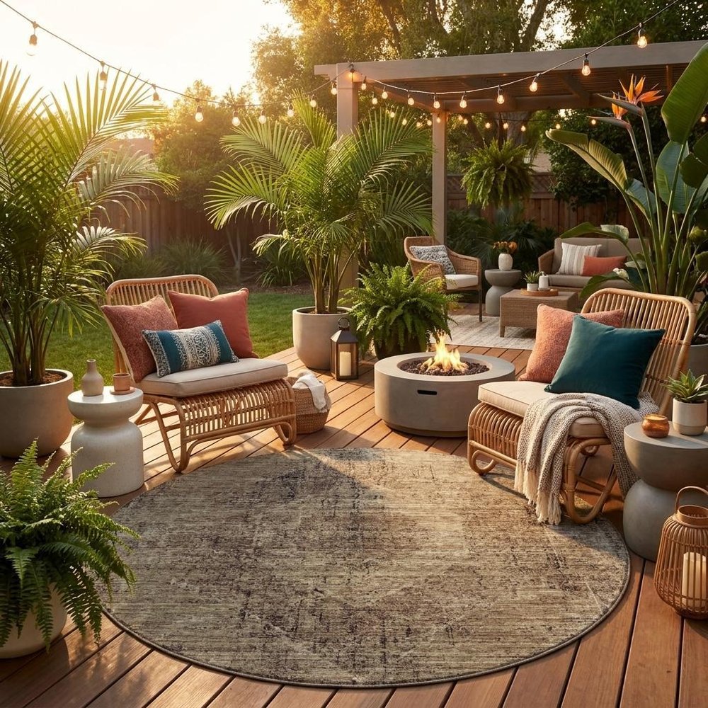 8' Brown And Taupe Round Oriental Washable Indoor Outdoor Area Rug HomeRoots