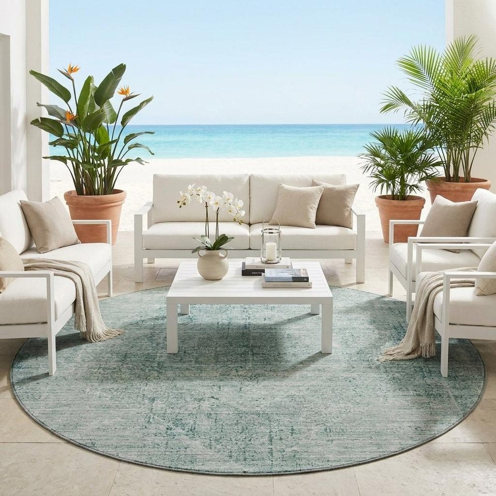 8' Blue And Ivory Round Oriental Washable Indoor Outdoor Area Rug HomeRoots