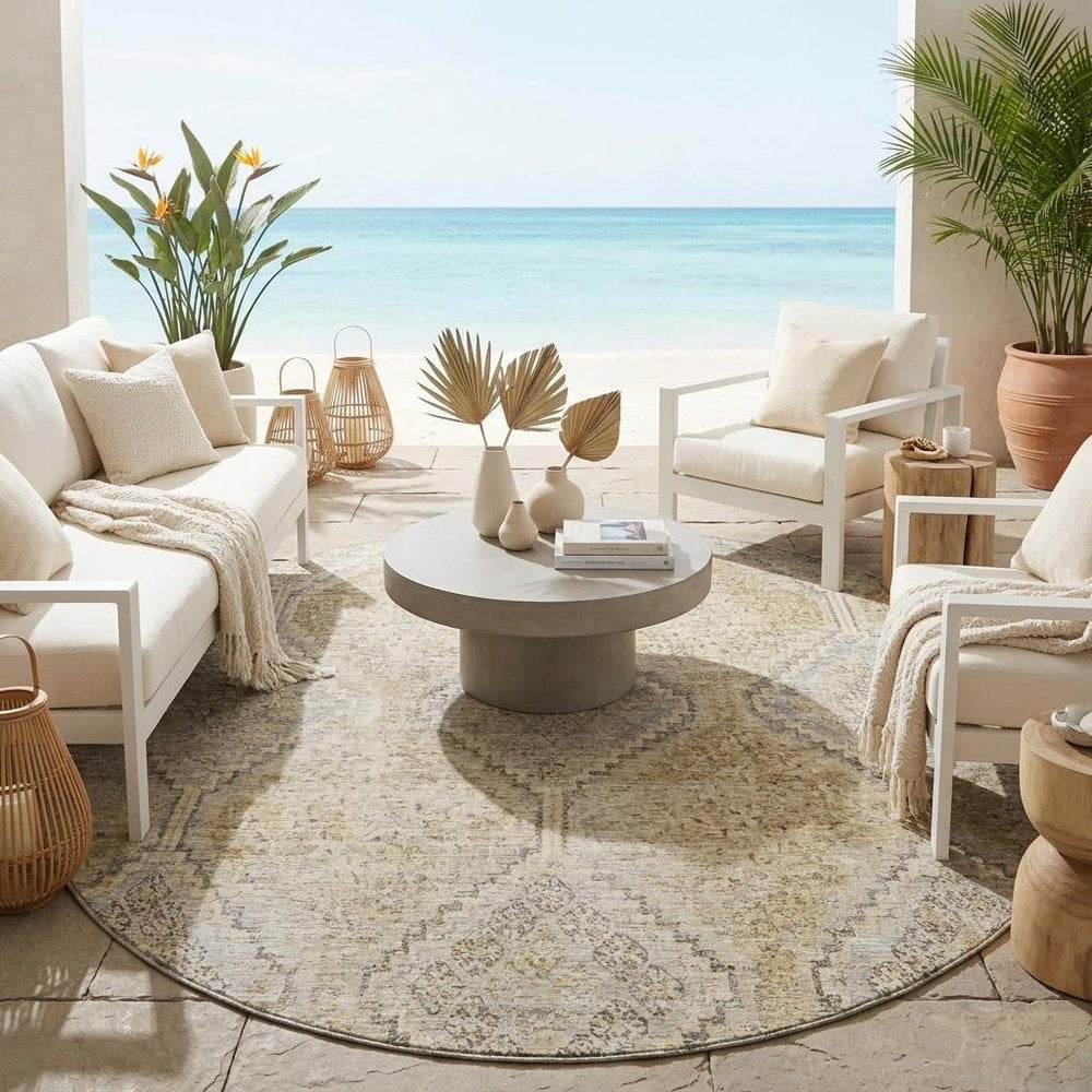 8' Wheat And Gold Round Geometric Washable Indoor Outdoor Area Rug HomeRoots