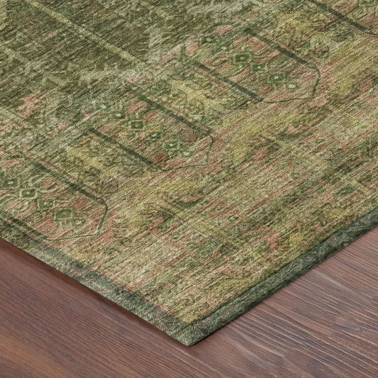 9' X 12' Olive Green And Green Tribal Washable Indoor Outdoor Area Rug