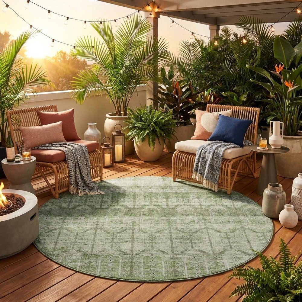 8' Sage And Green Round Tribal Washable Indoor Outdoor Area Rug HomeRoots