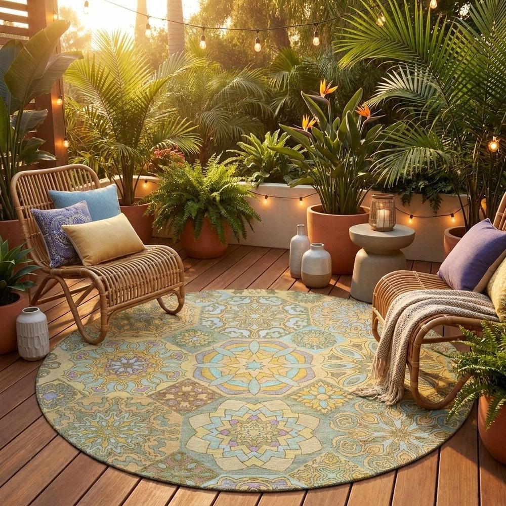 8' Gold And Green Round Patchwork Washable Indoor Outdoor Area Rug HomeRoots