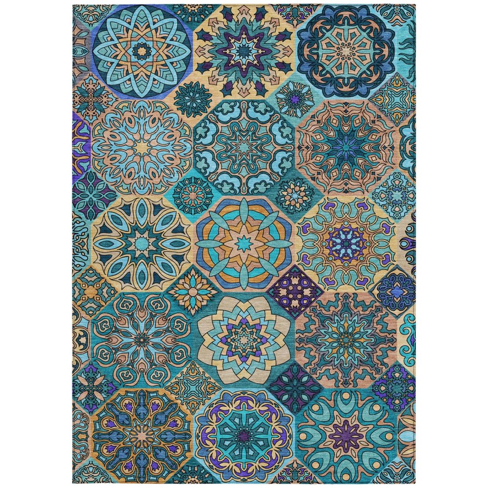 8' X 10' Teal Blue And Turquoise Patchwork Washable Indoor Outdoor Area Rug