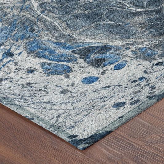 8' Denim Blue And Blue Round Abstract Washable Indoor Outdoor Area Rug