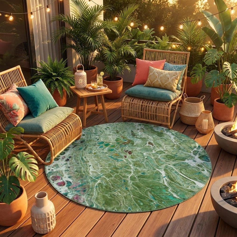 8' Green And Fern Green Round Abstract Washable Indoor Outdoor Area Rug HomeRoots
