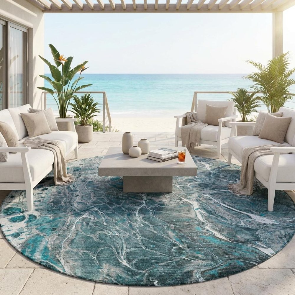 8' Teal Blue And Gray Round Abstract Washable Indoor Outdoor Area Rug HomeRoots