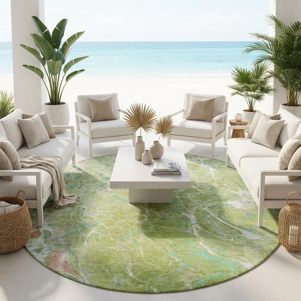 8' Green And Ivory Round Abstract Washable Indoor Outdoor Area Rug HomeRoots