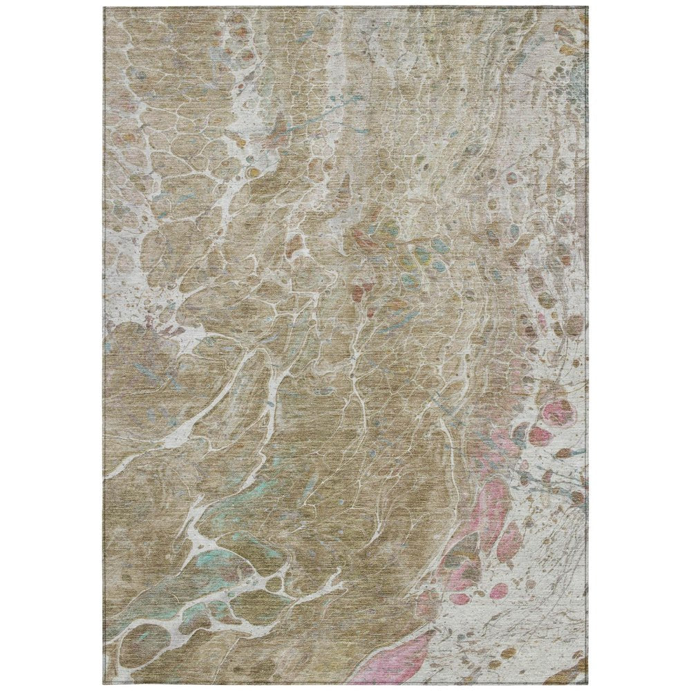 5' X 8' Khaki And Brown Abstract Washable Indoor Outdoor Area Rug