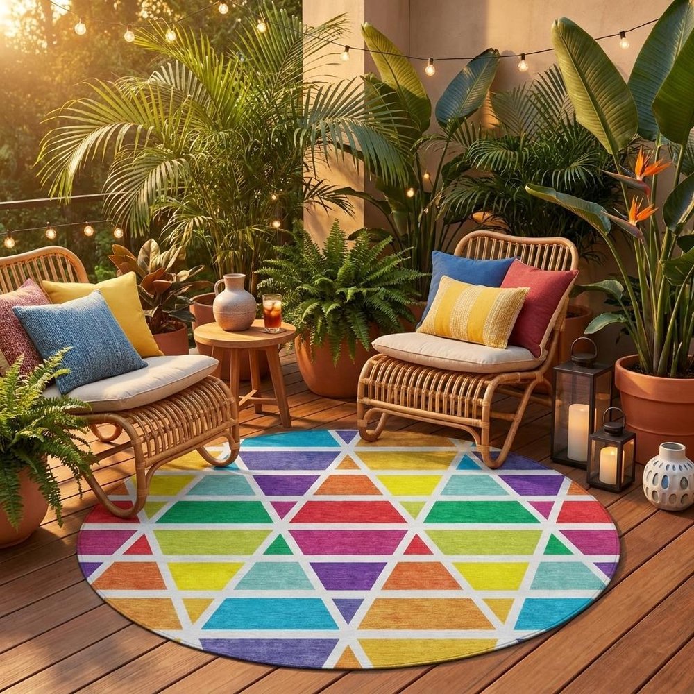 8' Orange And White Round Geometric Washable Indoor Outdoor Area Rug HomeRoots