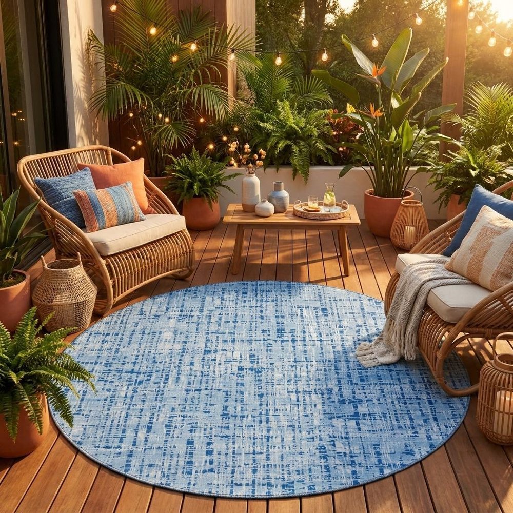 8' Blue And Denim Blue Round Abstract Washable Indoor Outdoor Area Rug HomeRoots