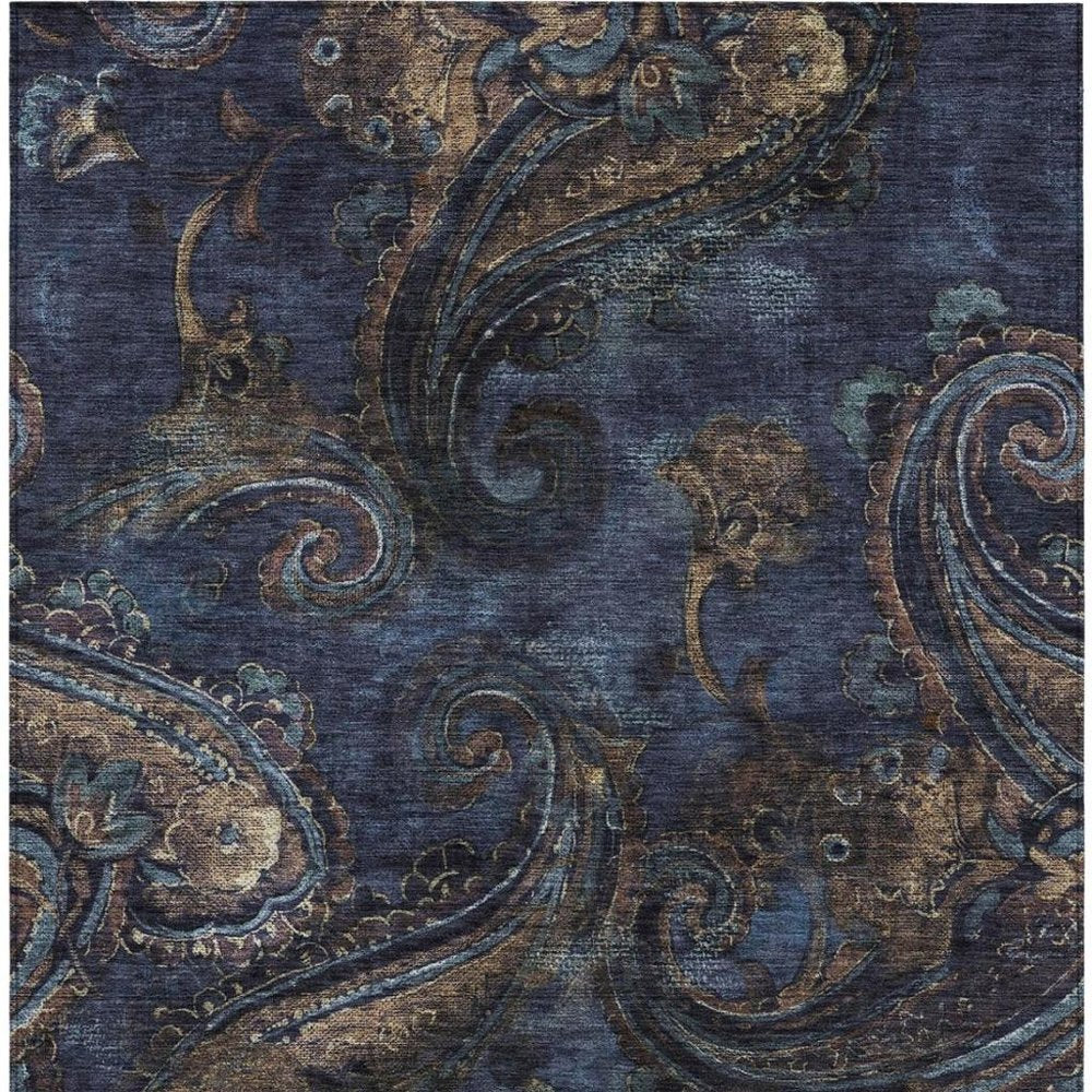 10' X 14' Navy Blue And Blue Paisley Washable Indoor Outdoor Area Rug HomeRoots