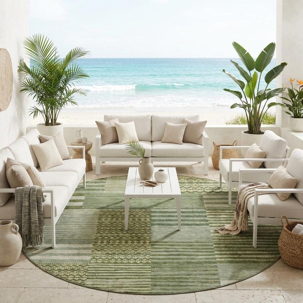 8' Green And Sage Round Striped Washable Indoor Outdoor Area Rug HomeRoots